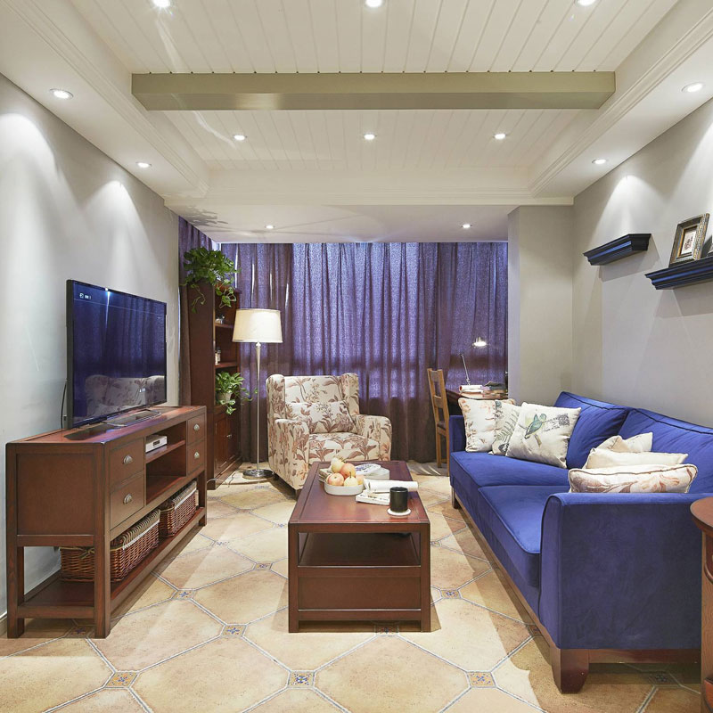 ,蓝色,60平米装修,美式风格,二居室装修,客厅