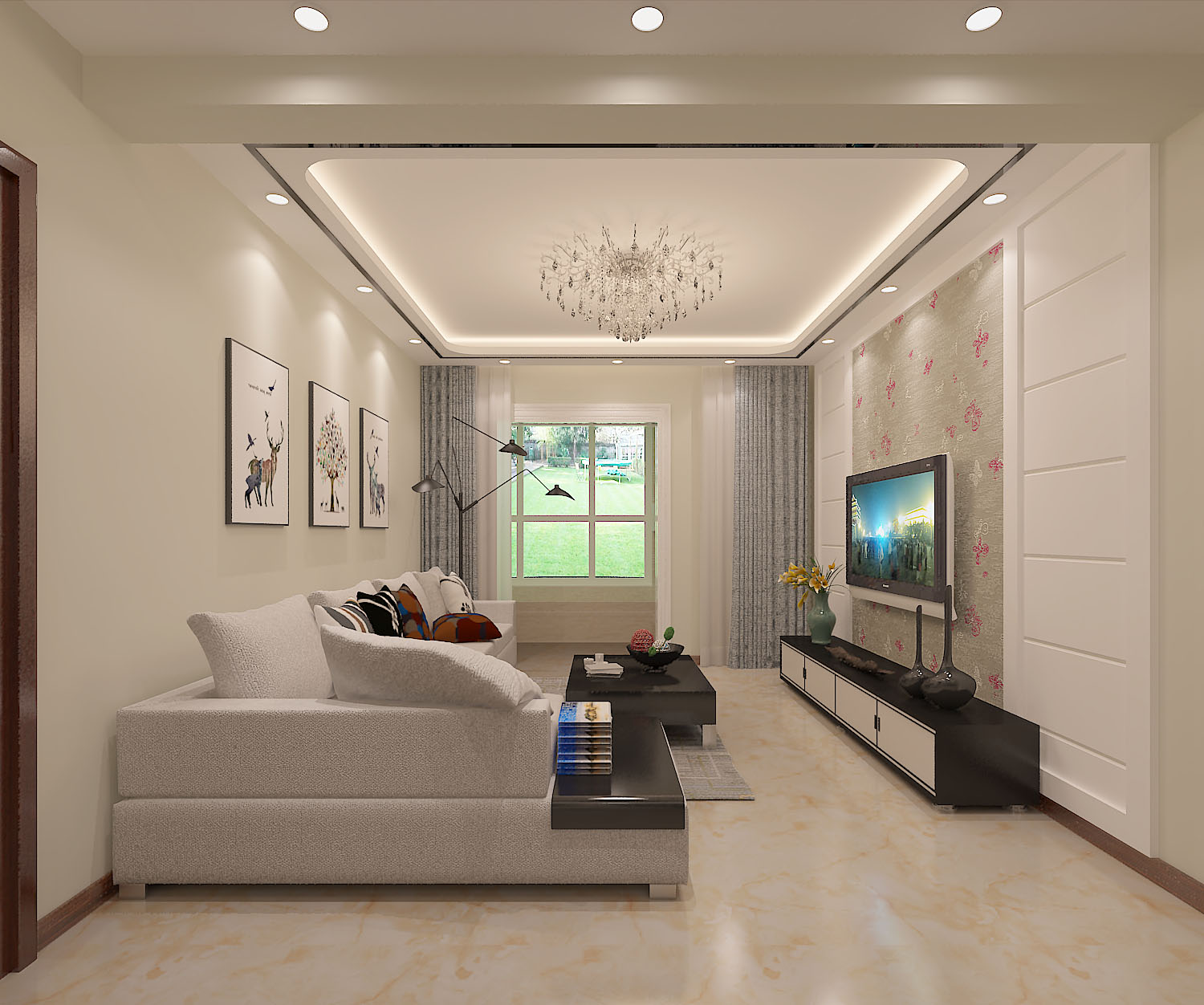 二居室装修,90平米装修,5-10万装修,客厅,现代简约风格,吊顶,白色