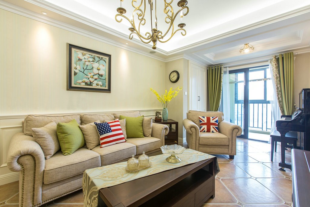 三居室装修,90平米装修,5-10万装修,美式风格,客厅,沙发,黄色
