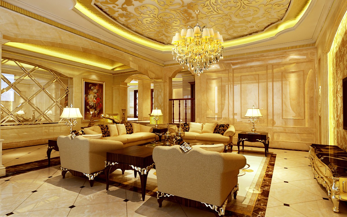 豪华型装修,别墅装修,140平米以上装修,欧式风格,客厅,吊顶,黄色
