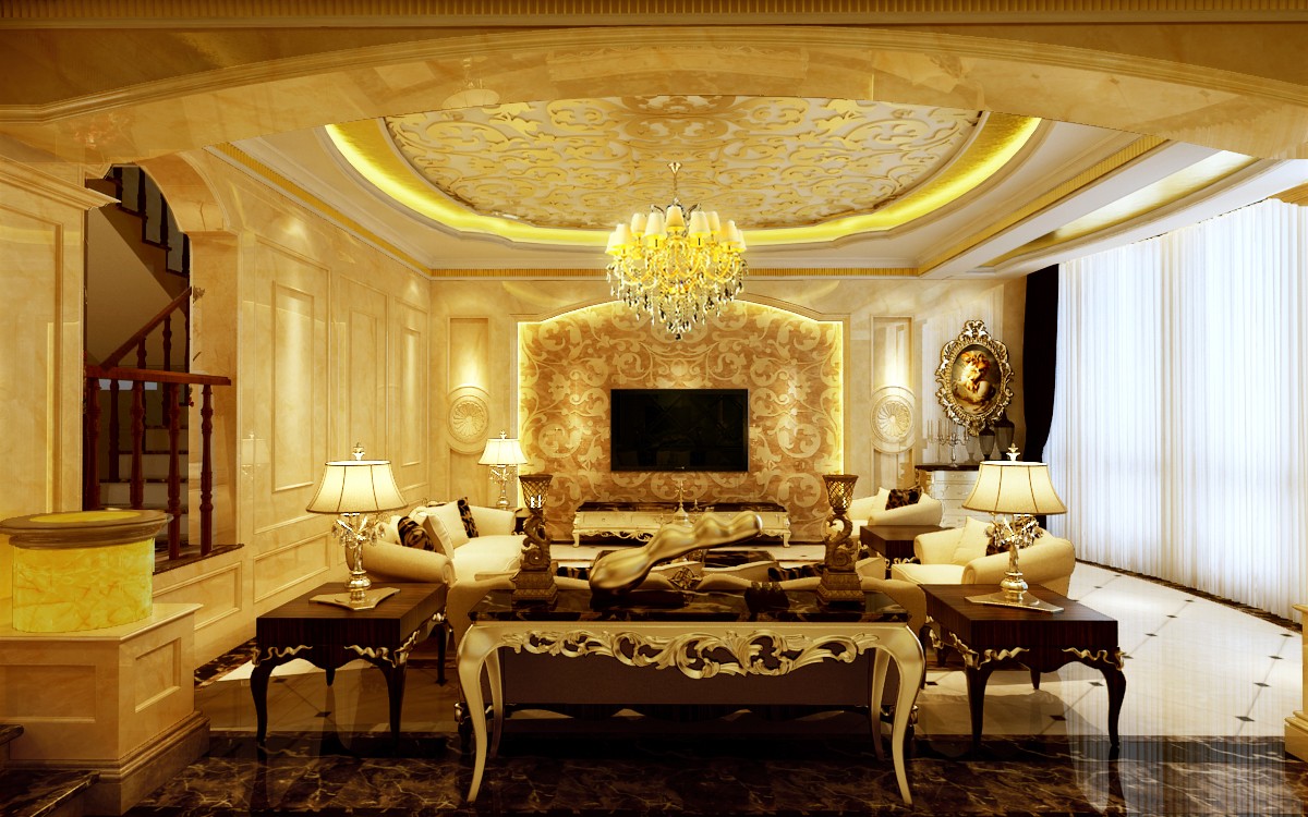 豪华型装修,别墅装修,140平米以上装修,欧式风格,客厅,电视背景墙,黄色