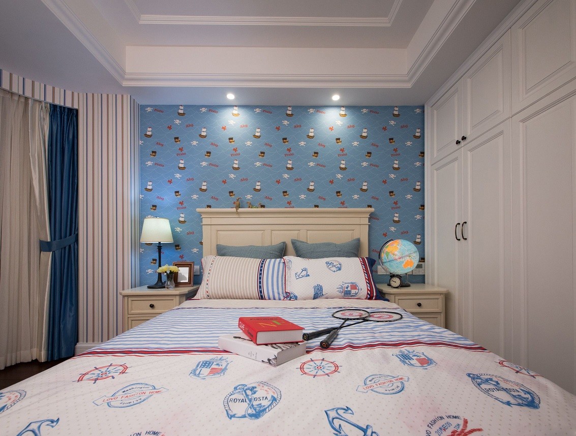 三居室装修,120平米装修,15-20万装修,卧室,美式风格,卧室背景墙,蓝色