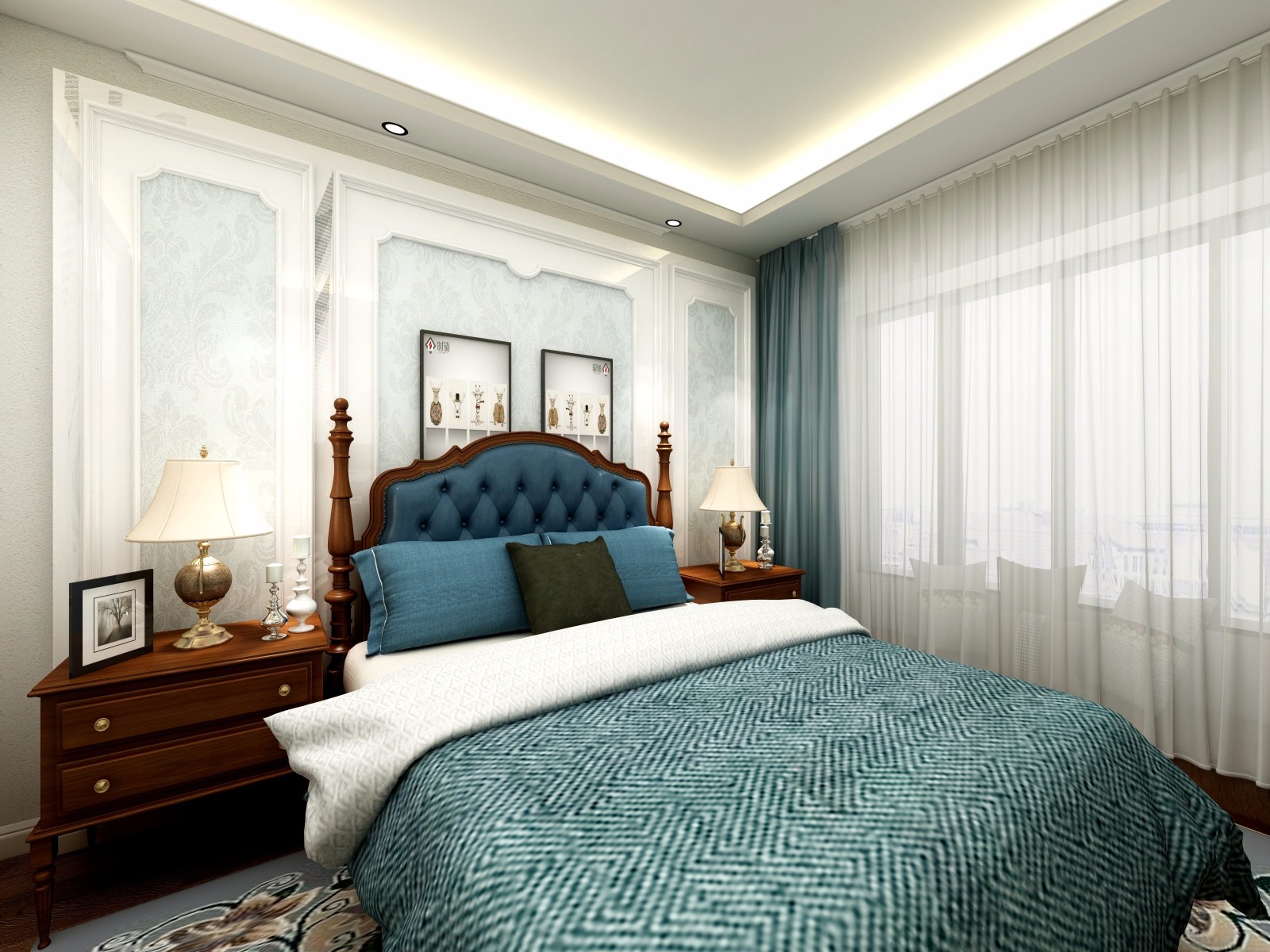 120平米装修,三居室装修,10-15万装修,卧室,美式风格,床上用品,蓝色