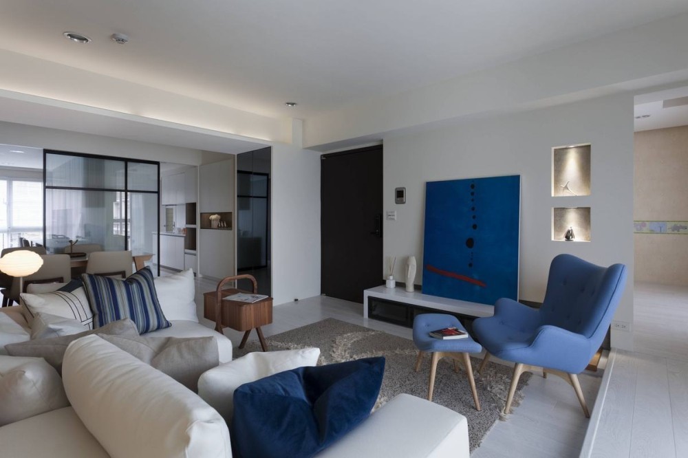 三居室装修,70平米装修,10-15万装修,客厅,现代简约风格,沙发,蓝色,白色