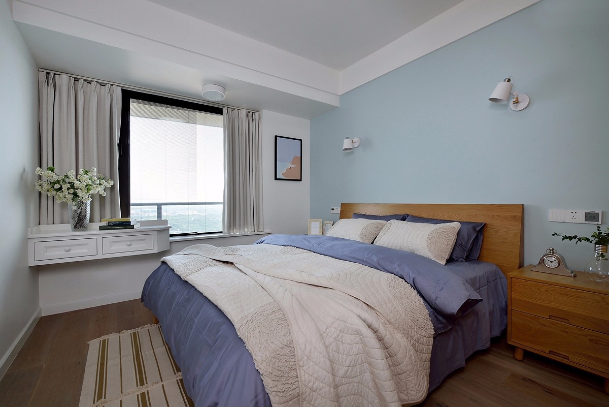 140平米以上装修,三居室装修,10-15万装修,卧室,简约风格,卧室背景墙,蓝色