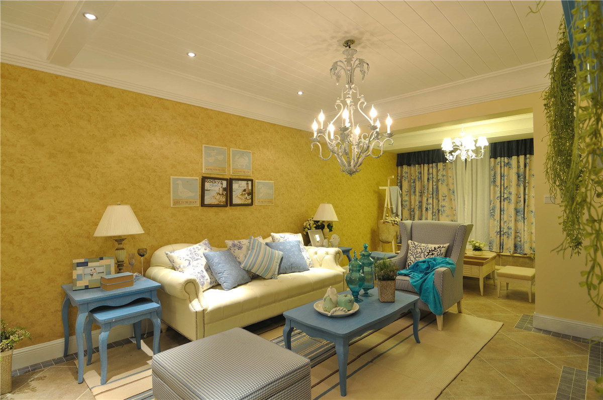 地中海风格,80平米装修,二居室装修,10-15万装修,餐厅,客厅,黄色