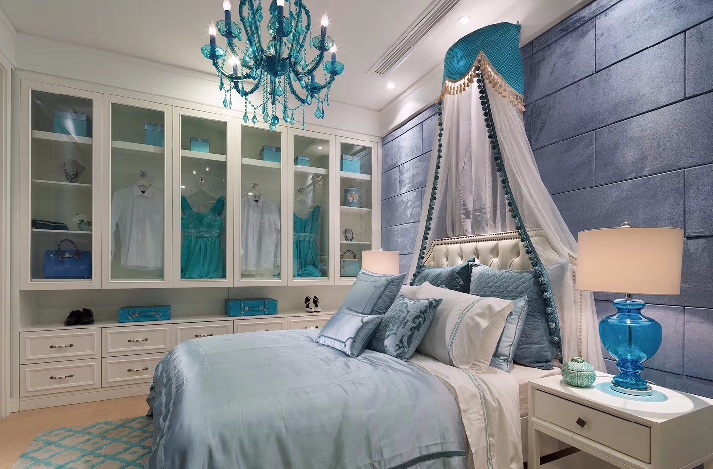 80平米装修,二居室装修,10-15万装修,卧室,地中海风格,衣柜,蓝色