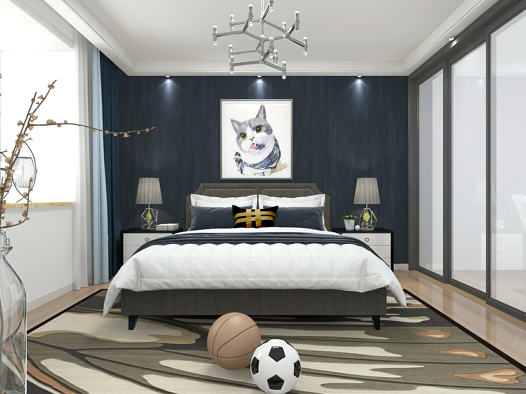 三居室装修,120平米装修,10-15万装修,现代简约风格,卧室背景墙,蓝色