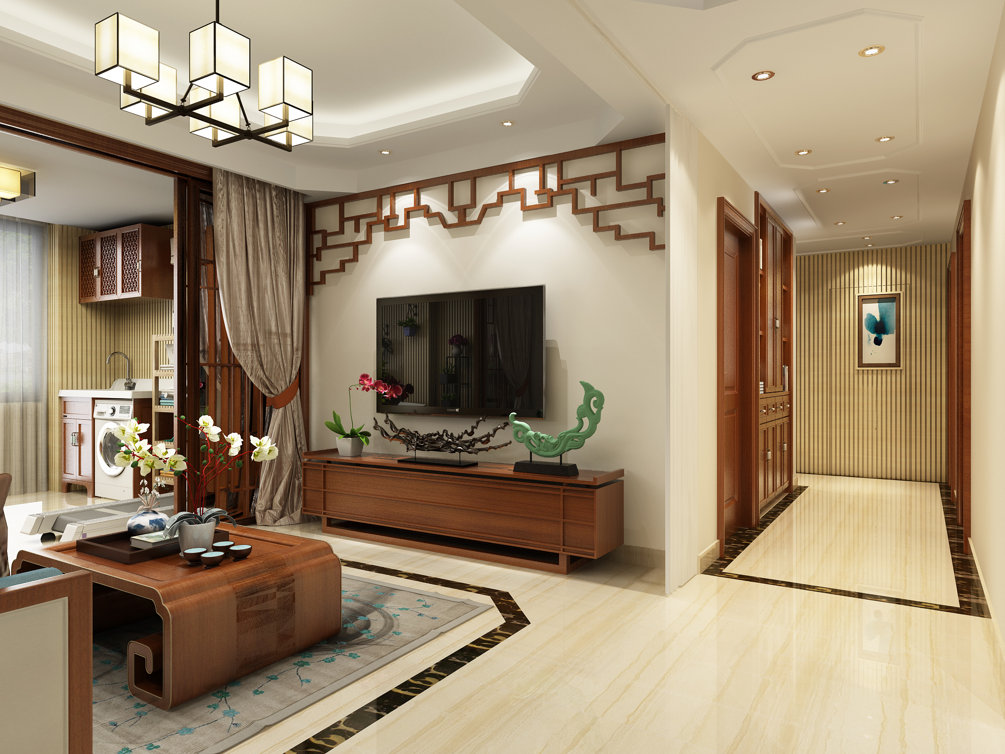 三居室装修,120平米装修,10-15万装修,中式风格,客厅,过道