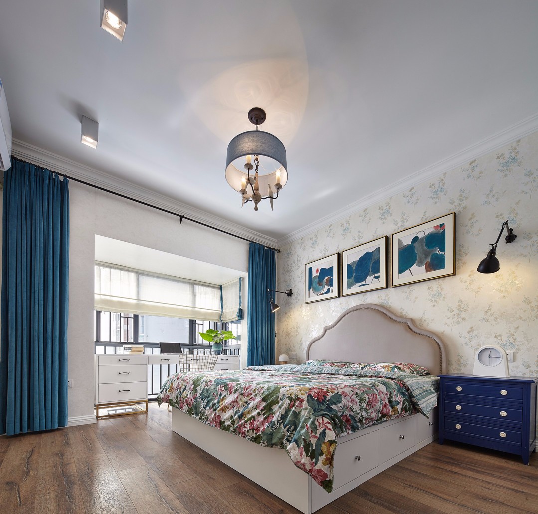 120平米装修,三居室装修,15-20万装修,卧室,混搭风格,蓝色,窗帘