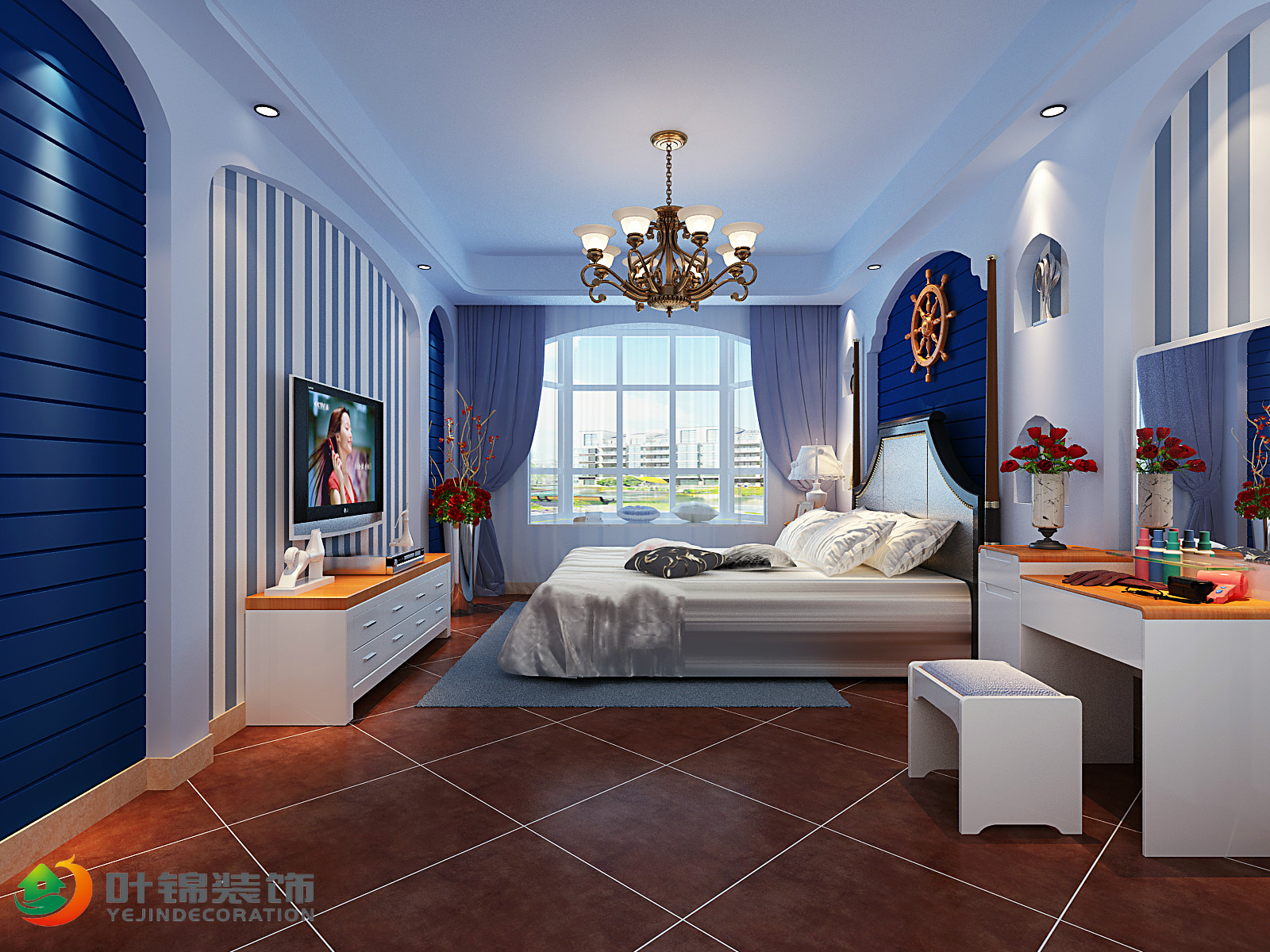 三居室装修,140平米以上装修,10-15万装修,地中海风格,卧室,蓝色