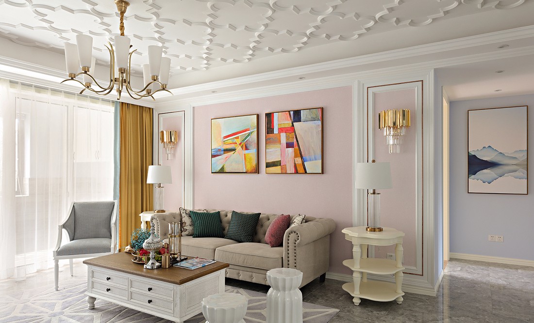 15-20万装修,130平米装修,三居室装修,客厅,法式风格,沙发背景墙,粉色