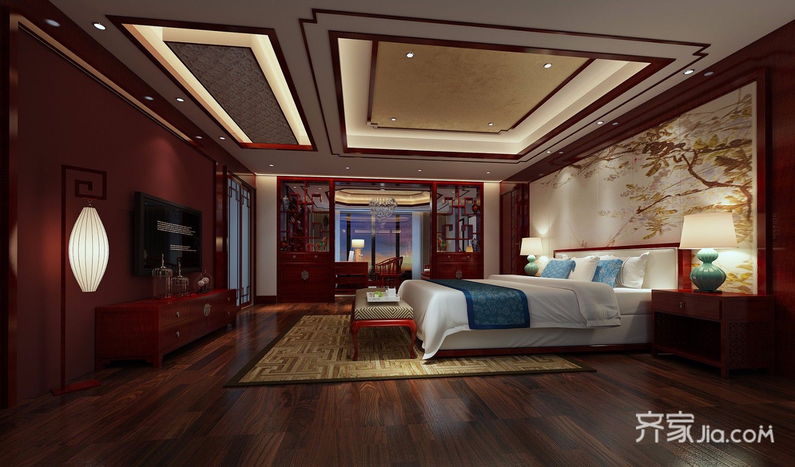 豪华型装修,别墅装修,140平米以上装修,卧室,混搭风格,吊顶,卧室背景墙,红色