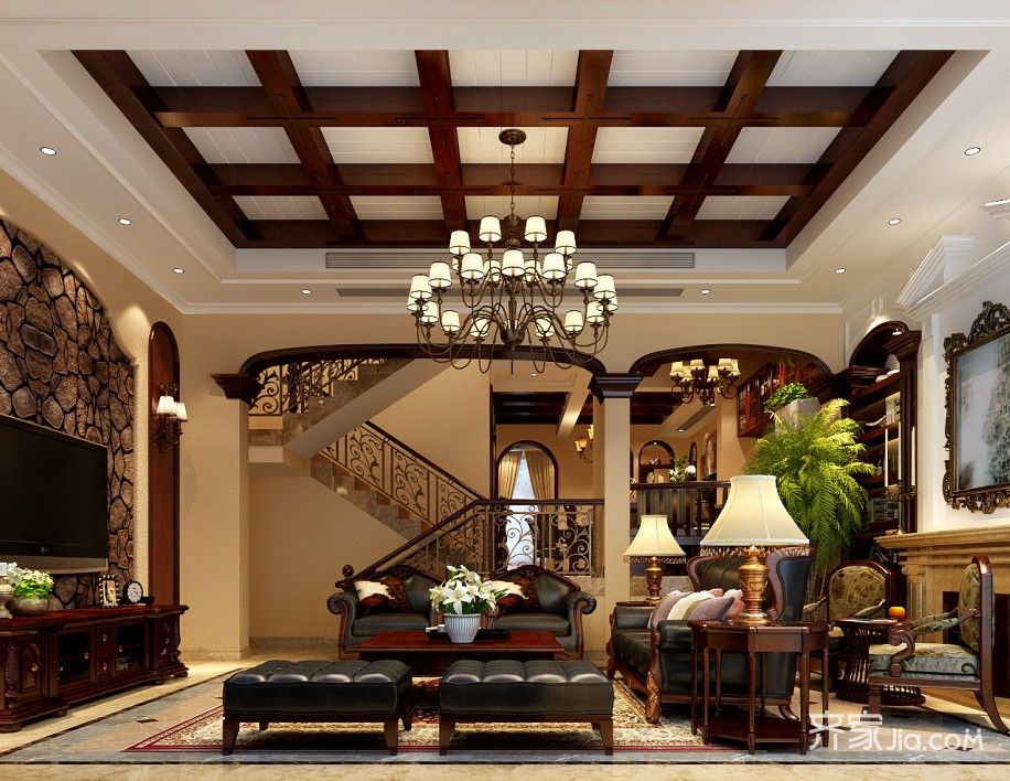别墅装修,20万以上装修,140平米以上装修,客厅,欧式风格,吊顶,暖色调