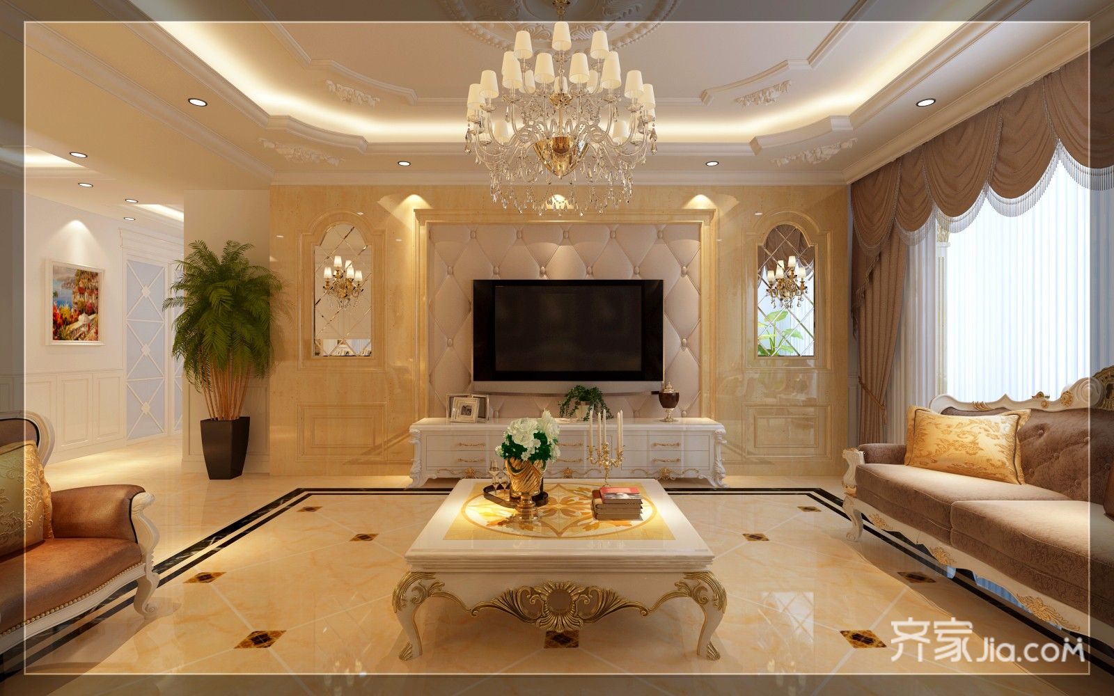 富裕型装修,140平米以上装修,三居室装修,客厅,欧式风格,电视背景墙,暖色调