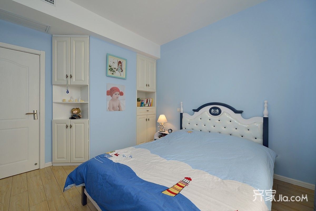 复式装修,10-15万装修,110平米装修,三居室装修,卧室,现代简约风格,卧室背景墙,蓝色
