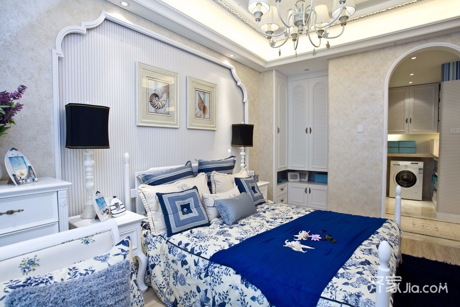 15-20万装修,二居室装修,120平米装修,卧室,地中海风格,卧室背景墙,床上用品,蓝色