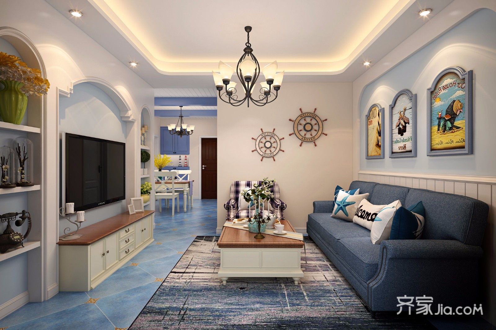 70平米装修,二居室装修,15-20万装修,客厅,地中海风格,沙发,电视背景墙,沙发背景墙,蓝色