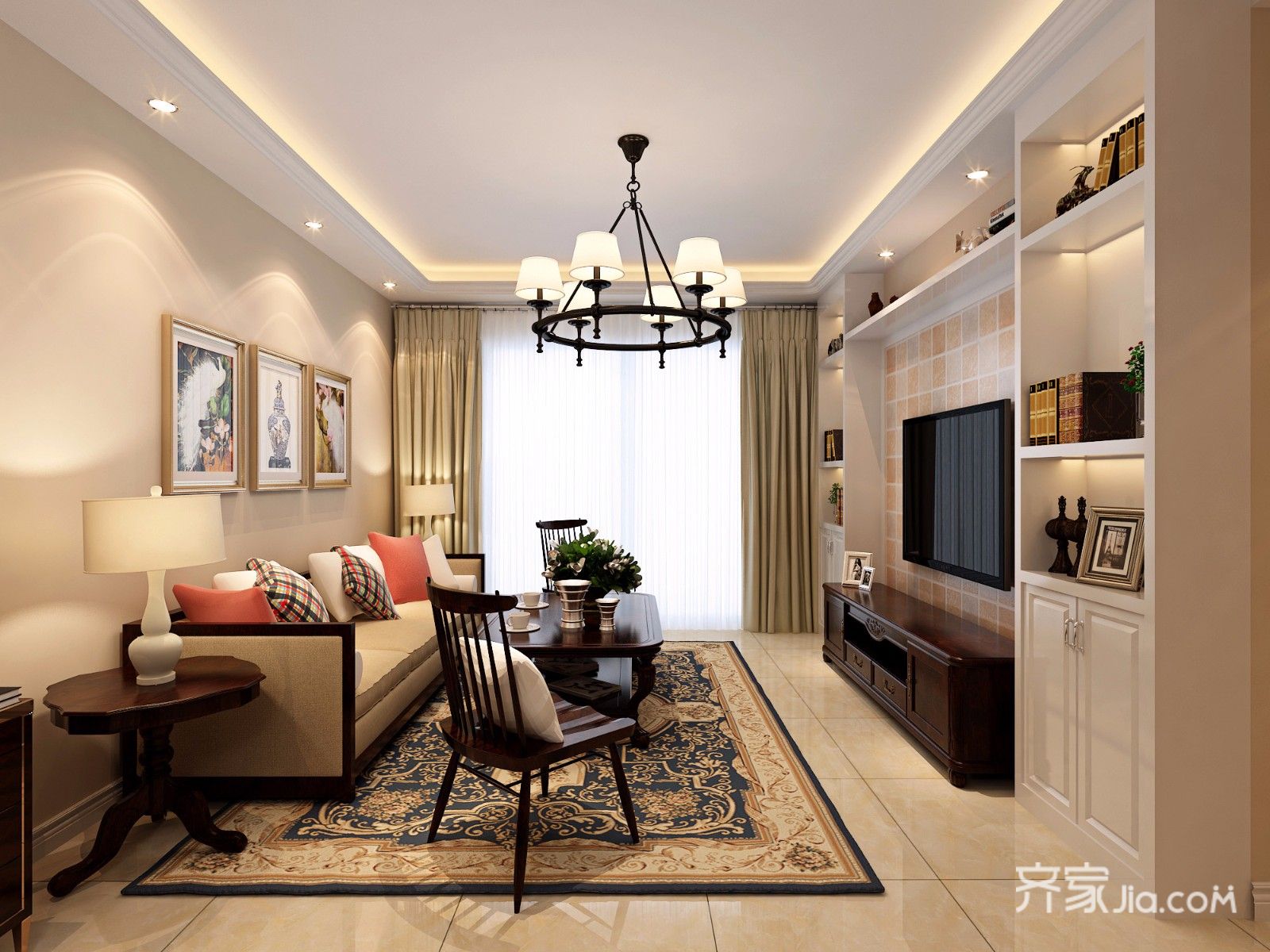 80平米装修,三居室装修,10-15万装修,客厅,美式风格,暖色调,沙发背景墙