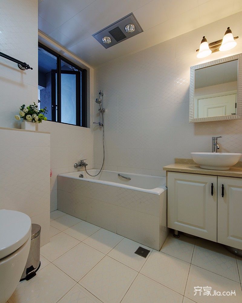 二居室装修,90平米装修,10-15万装修,卫生间,美式风格,浴室柜,浴缸,米色