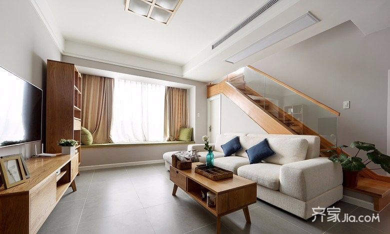 复式装修,90平米装修,10-15万装修,二居室装修,客厅,日式风格,楼梯,原木色