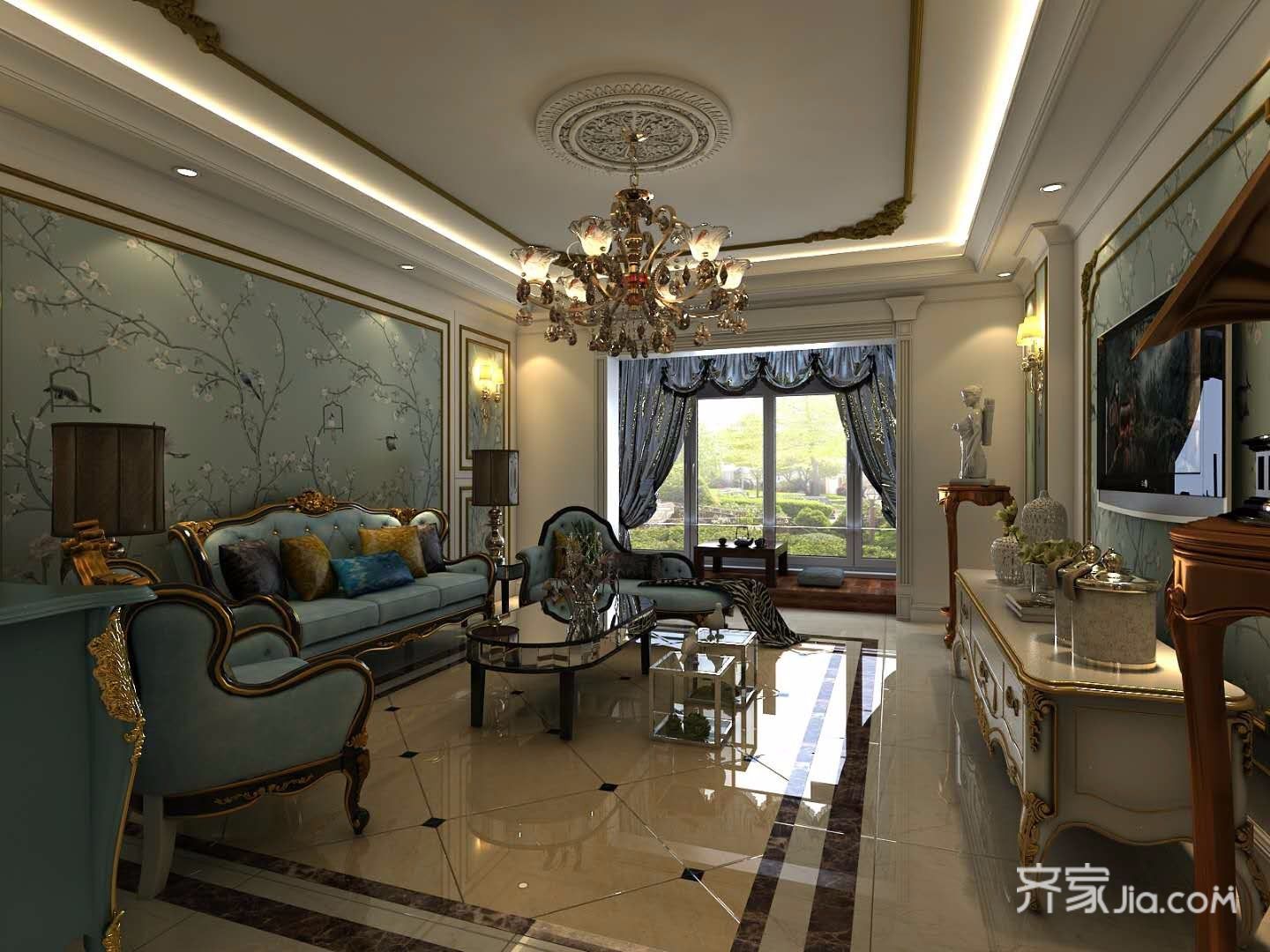 豪华型装修,四房装修,140平米以上装修,客厅,沙发背景墙,沙发,蓝色,欧式风格