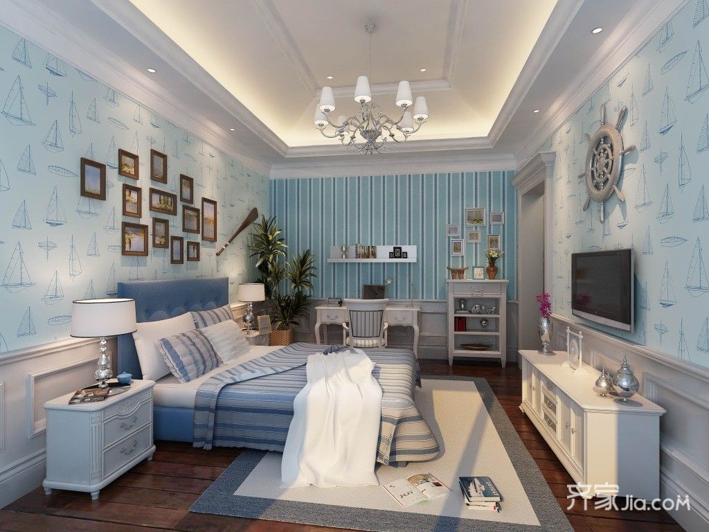 15-20万装修,二居室装修,70平米装修,地中海风格,卧室,卧室背景墙,蓝色