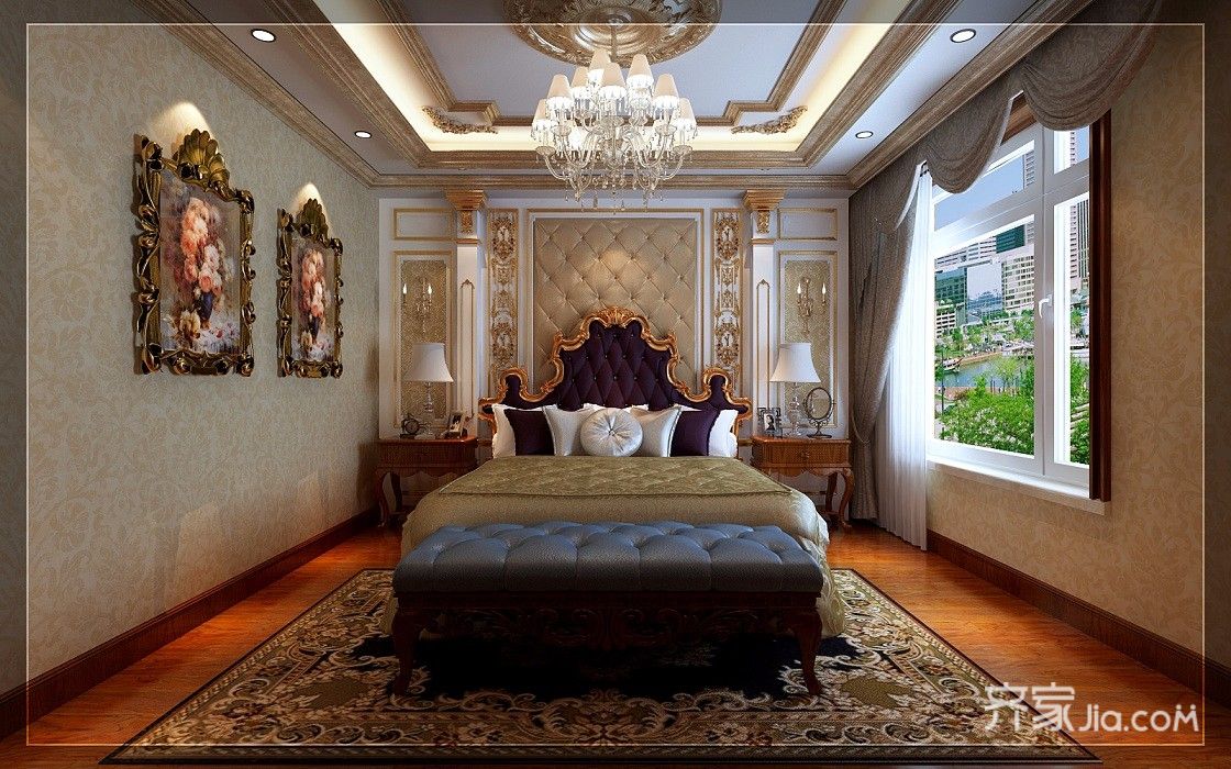 豪华型装修,别墅装修,四房装修,140平米以上装修,欧式风格,卧室,床头软包,金色