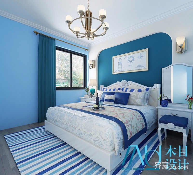 15-20万装修,二居室装修,90平米装修,地中海风格,卧室,卧室背景墙,蓝色