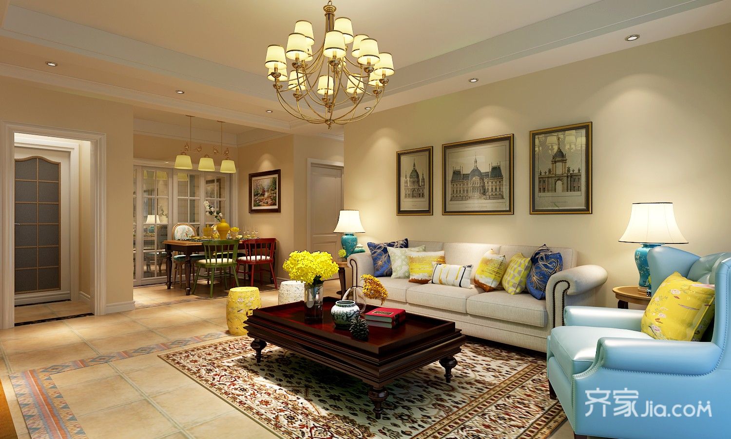 15-20万装修,三居室装修,120平米装修,美式风格,客厅,沙发背景墙,黄色