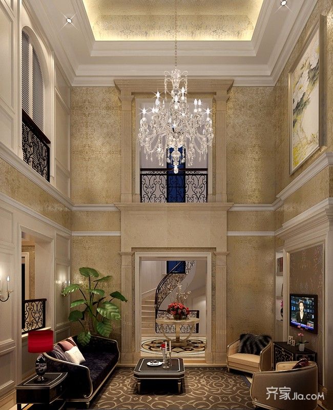 豪华型装修,别墅装修,140平米以上装修,客厅,欧式风格,黄色