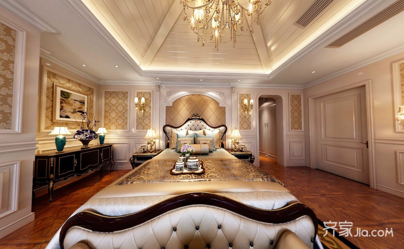 豪华型装修,别墅装修,140平米以上装修,欧式风格,卧室,卧室背景墙,金色