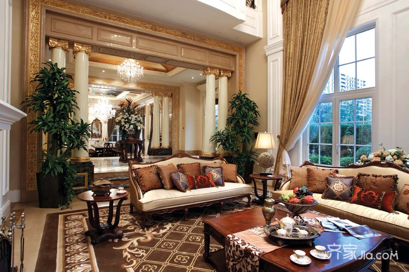 豪华型装修,别墅装修,140平米以上装修,美式风格,客厅,暖色调,窗帘,沙发