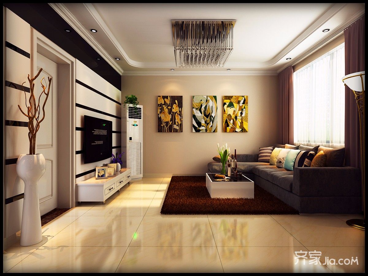 15-20万装修,三居室装修,120平米装修,客厅,现代简约风格,电视背景墙,黑白,条纹