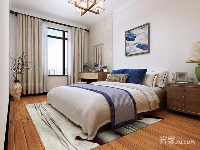 20万以上装修,大户型,四房装修,140平米以上装修,中式风格,卧室,卧室背景墙,装饰画,床上用品,蓝色