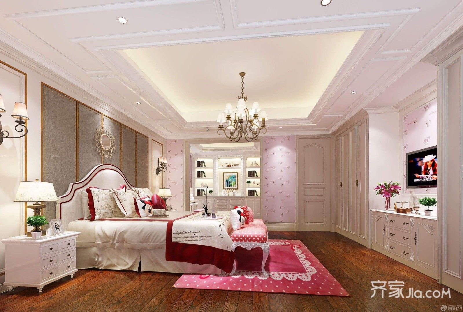 120平米装修,三居室装修,20万以上装修,混搭风格,卧室,卧室背景墙,吊顶,粉色