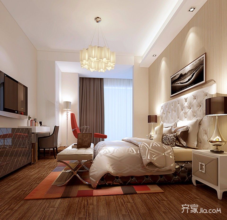 5-10万装修,二居室装修,90平米装修,欧式风格,卧室,白色,床头软包