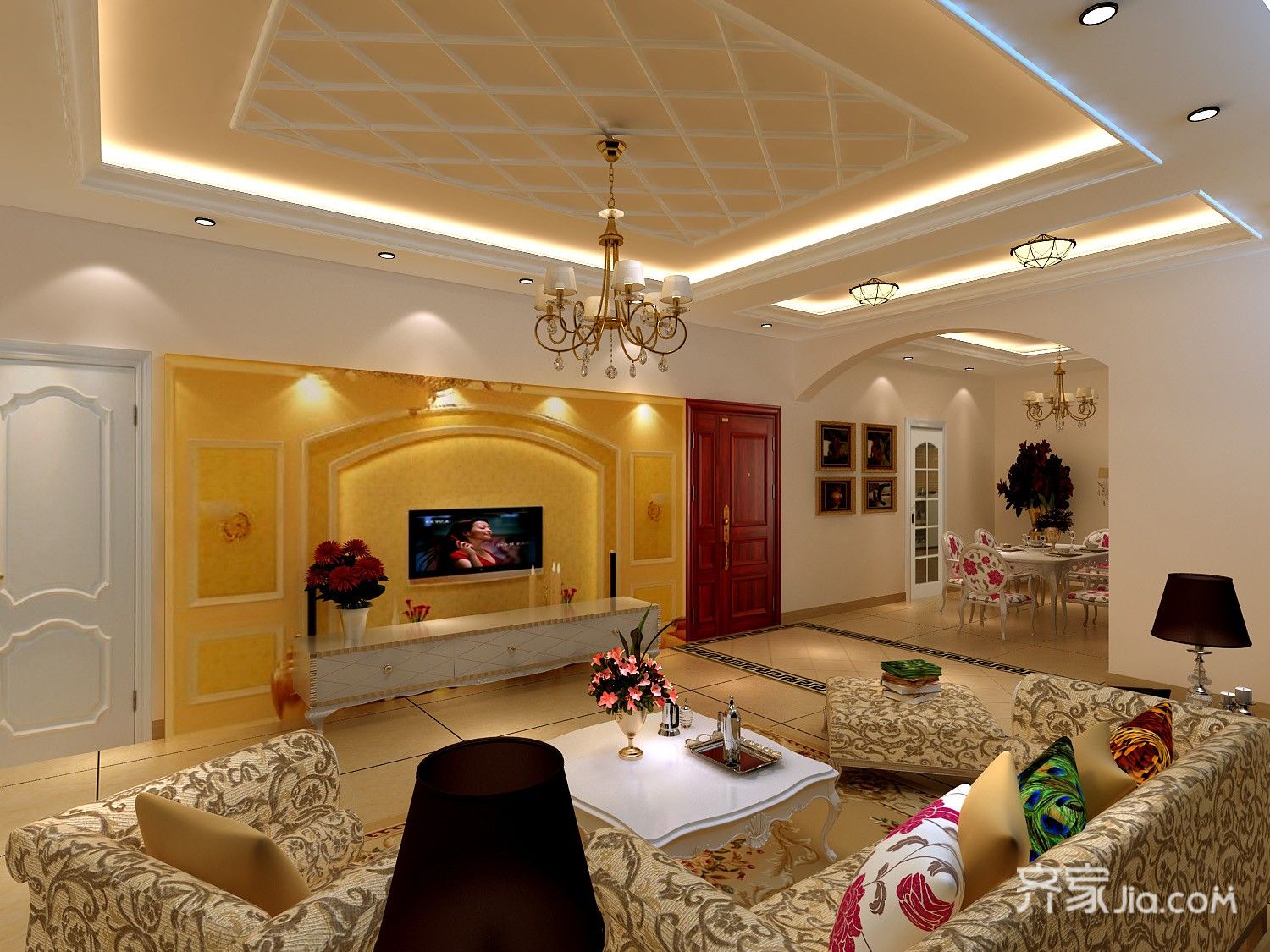 15-20万装修,三居室装修,140平米以上装修,欧式风格,客厅,电视背景墙,黄色