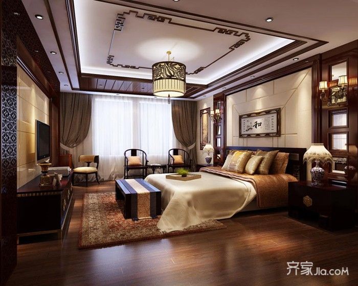 20万以上装修,别墅装修,140平米以上装修,中式风格,卧室,床头软包,黄色