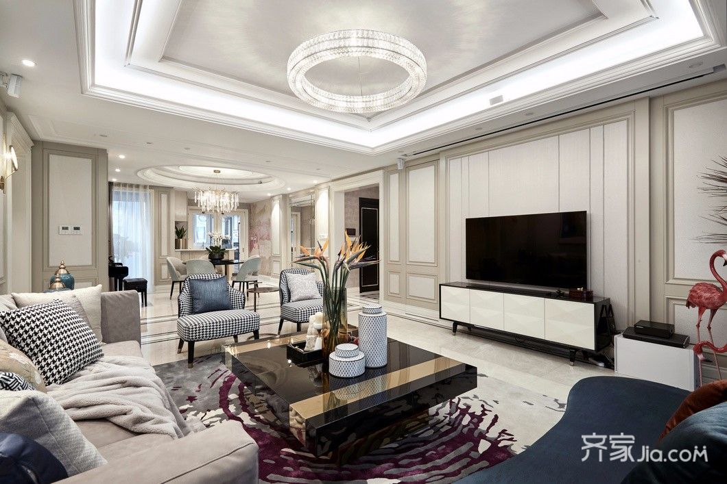 富裕型装修,三居室装修,120平米装修,客厅,现代简约风格,电视背景墙,白色