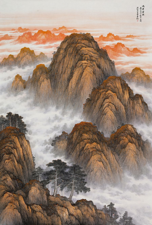 王宁最新手绘真迹创作泰山国画作品《鸿运当头》    作品来源:易从网