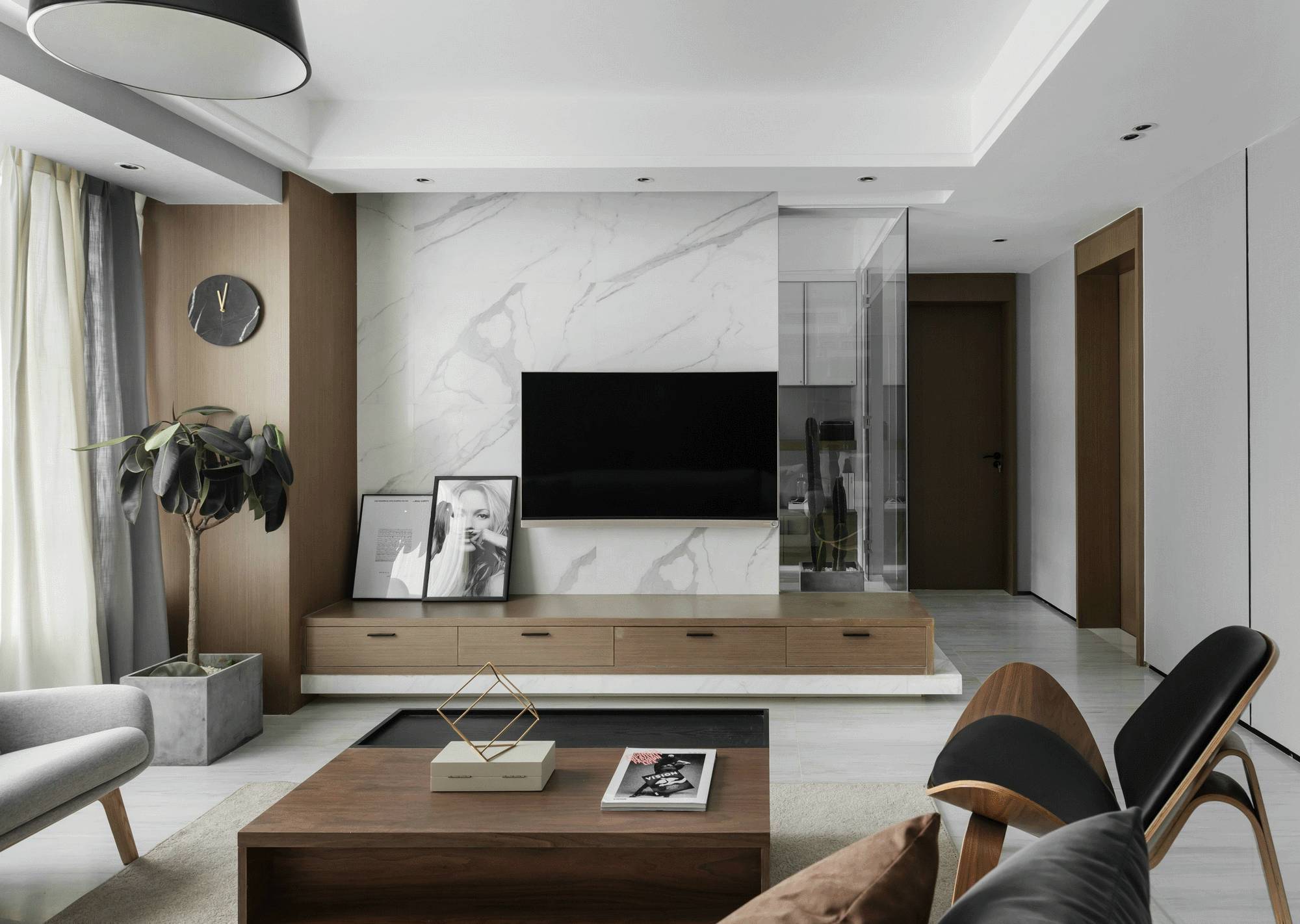 三居室装修,120平米装修,15-20万装修,现代简约风格,电视背景墙,白色