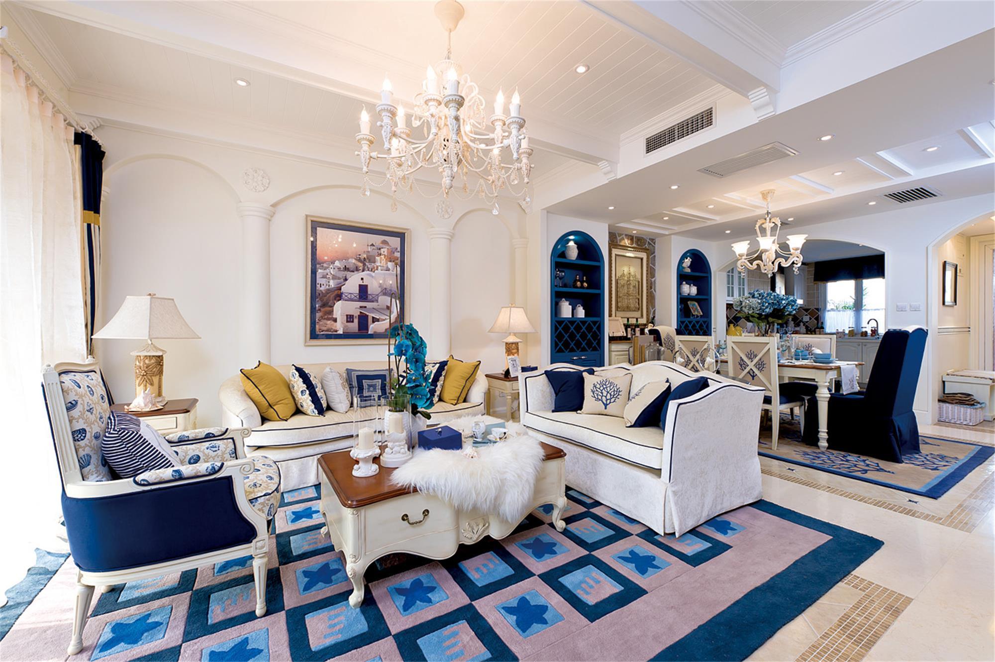 140平米以上装修,20万以上装修,三居室装修,地中海风格,沙发背景墙,沙发,地毯,蓝色