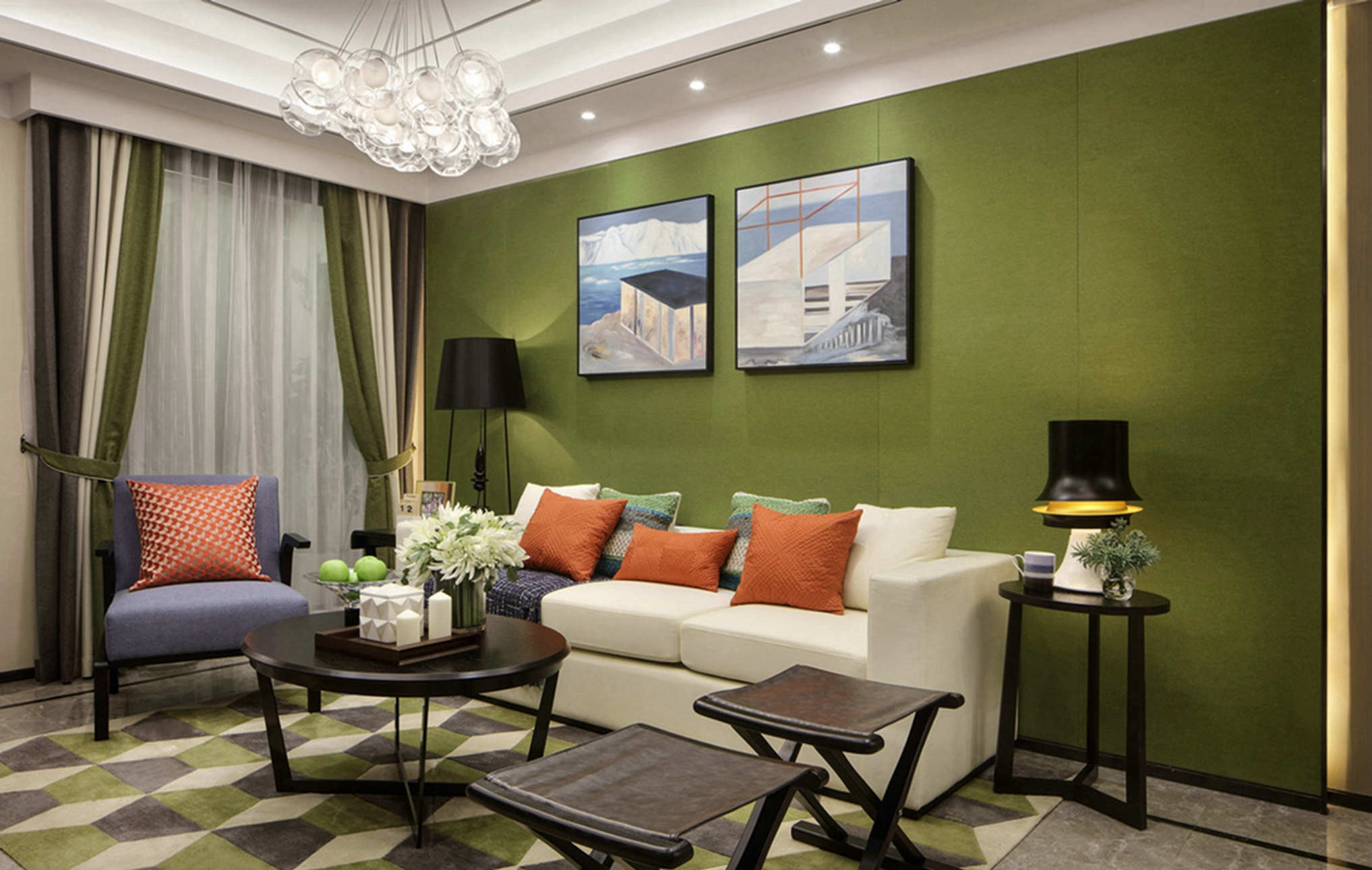 现代简约风格,130平米装修,三居室装修,20万以上装修,客厅,绿色