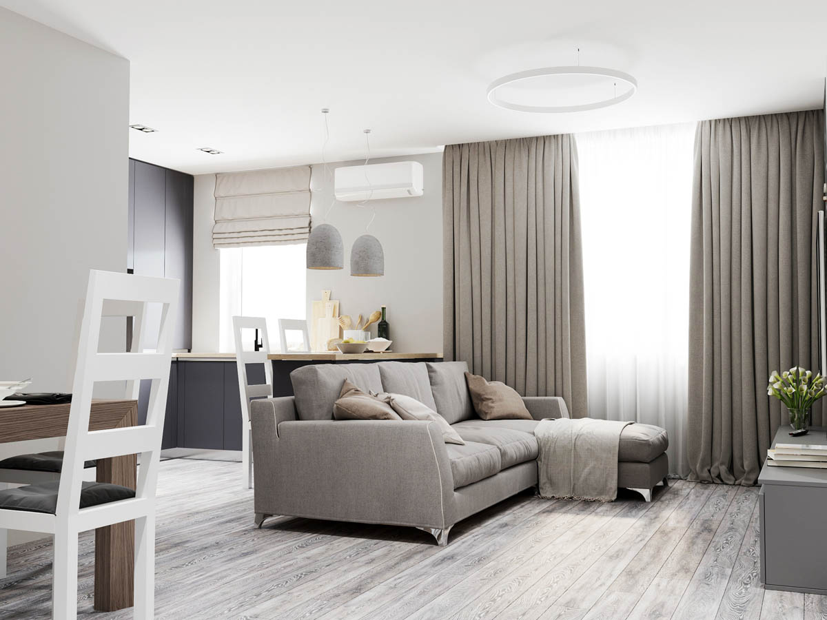公寓装修,二居室装修,80平米装修,10-15万装修,简约风格,窗帘,沙发,灰色