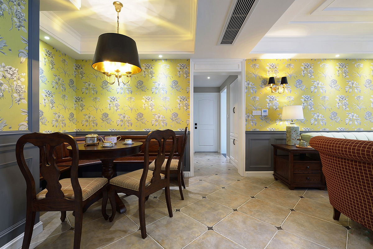 三居室装修,130平米装修,10-15万装修,混搭风格,餐厅背景墙,黄色