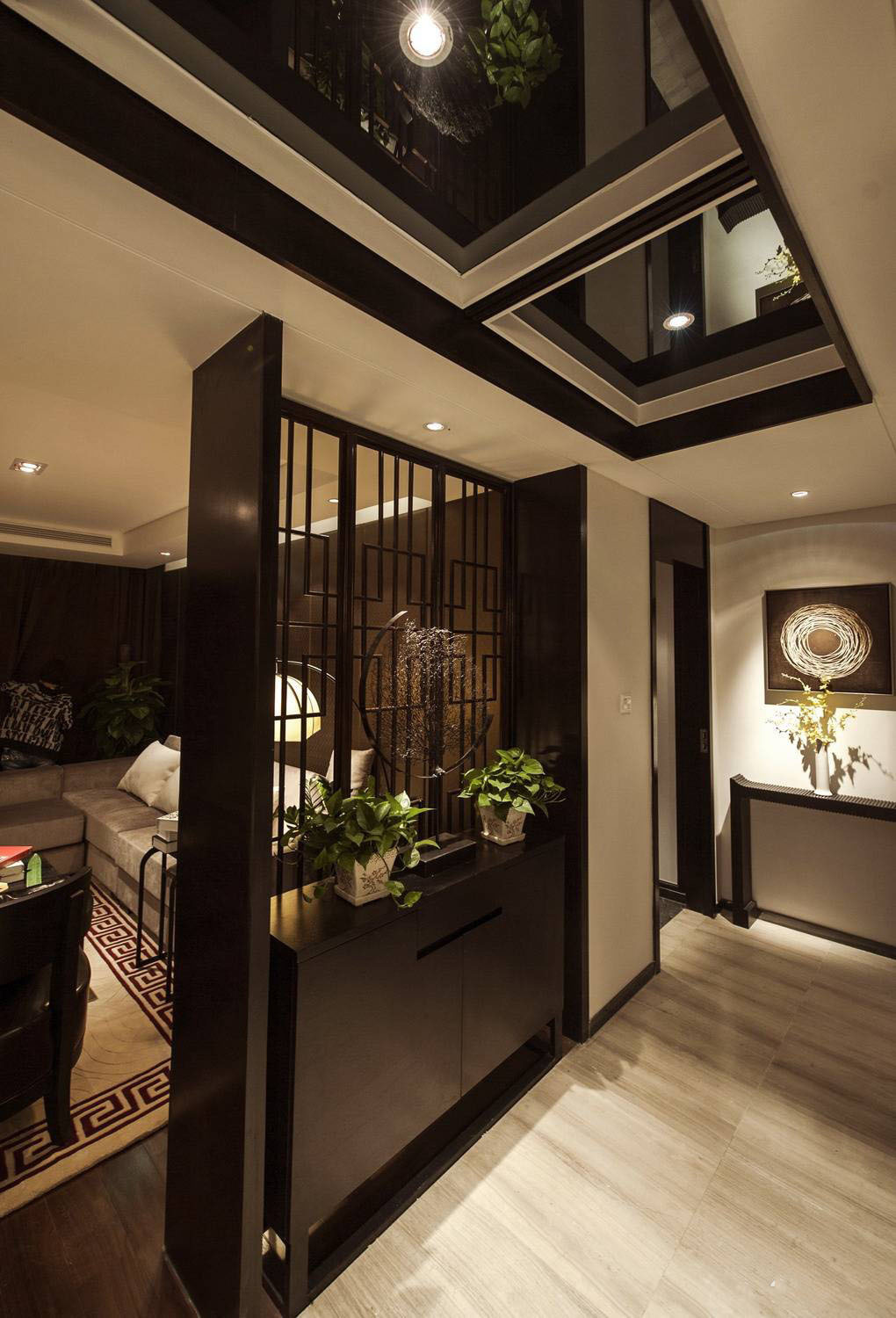 中式风格,130平米装修,20万以上装修,三居室装修,玄关柜,黑色