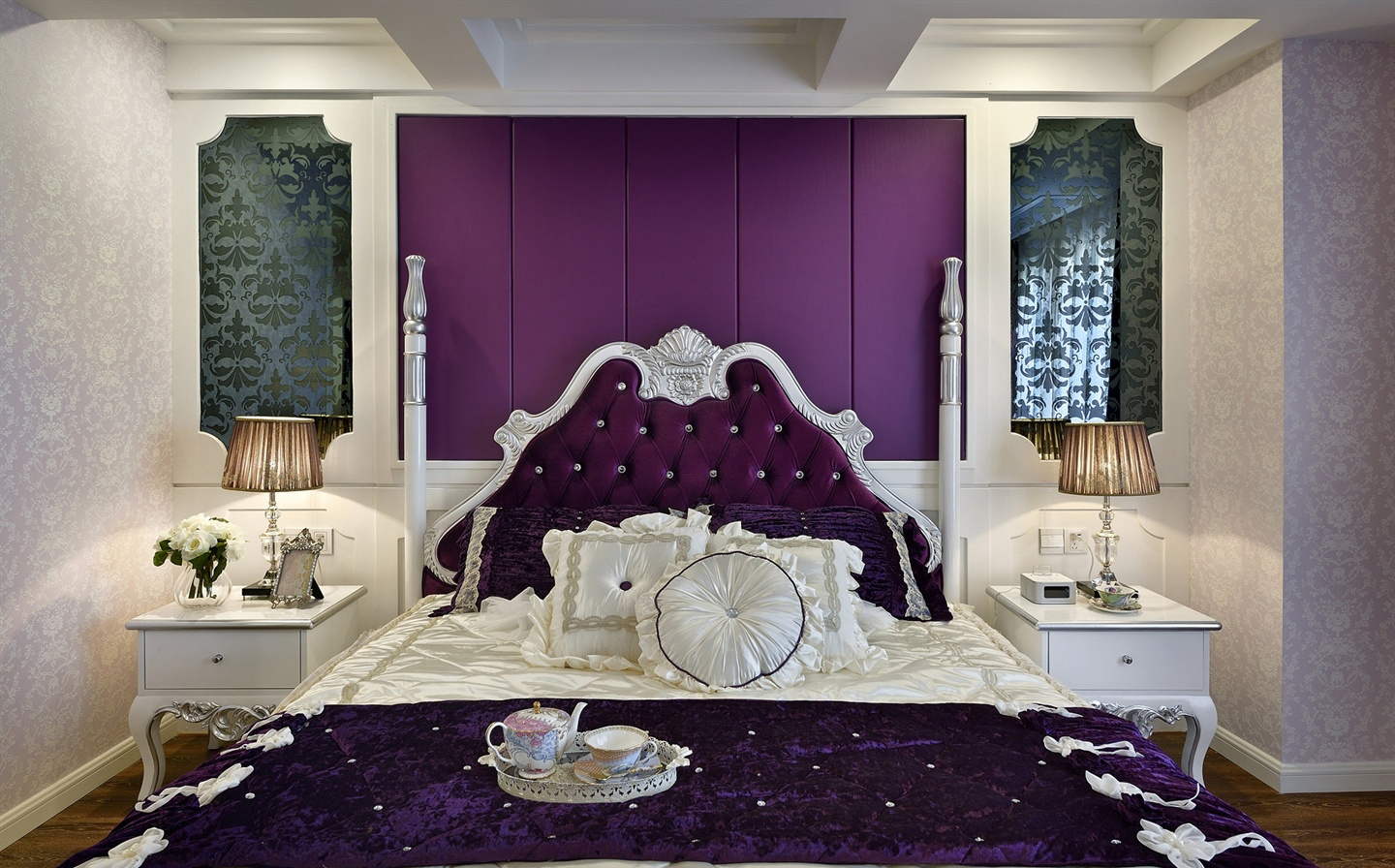 140平米以上装修,三居室装修,20万以上装修,混搭风格,地中海风格,卧室背景墙,紫色