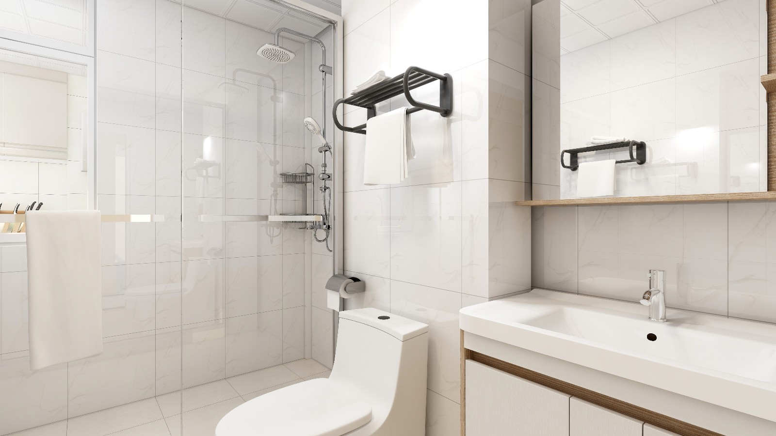 卫生间可以使用干湿分离设计,浅色瓷砖和暖色调照明,使整个浴室充满