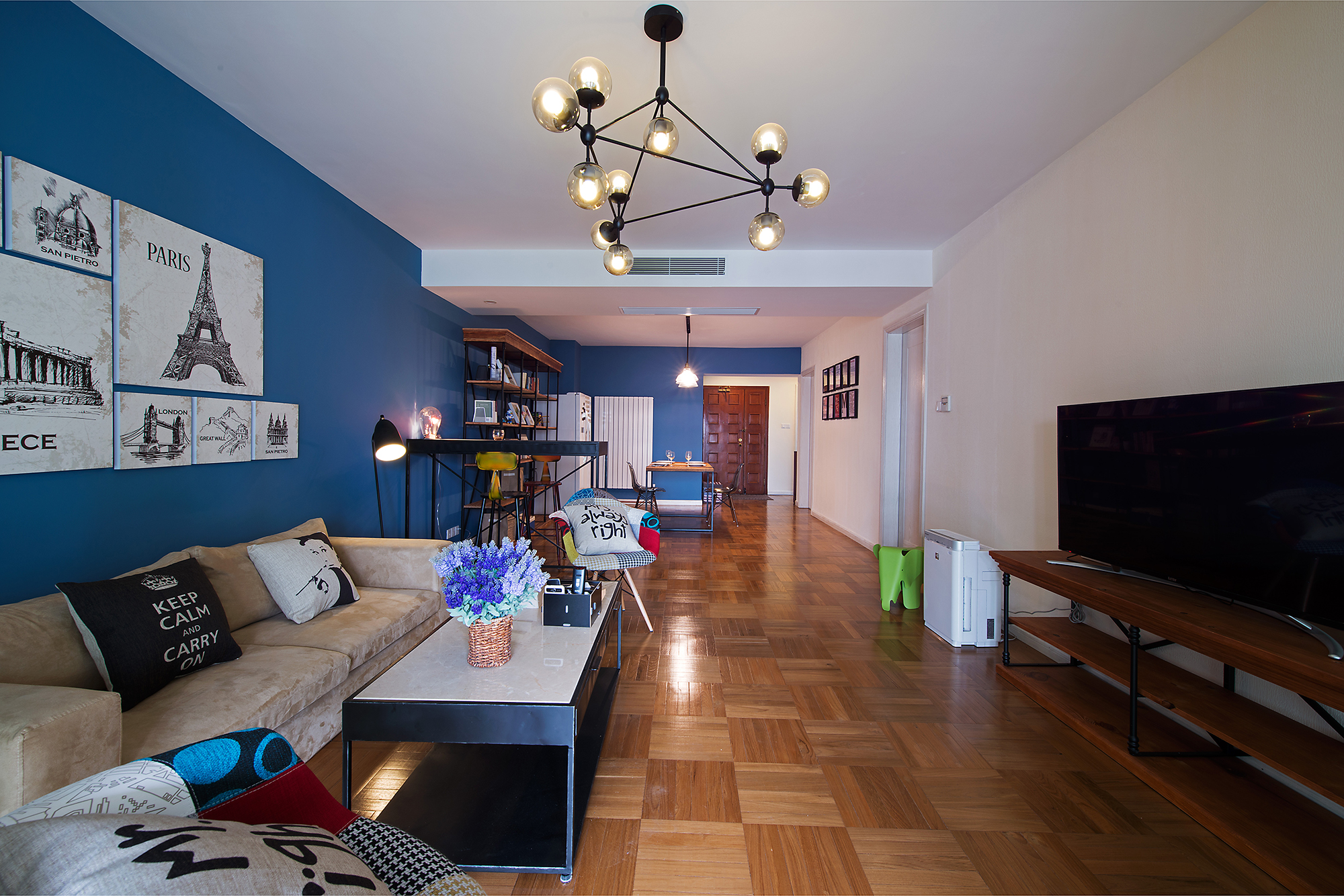 二居室装修,100平米装修,10-15万装修,混搭风格,蓝色